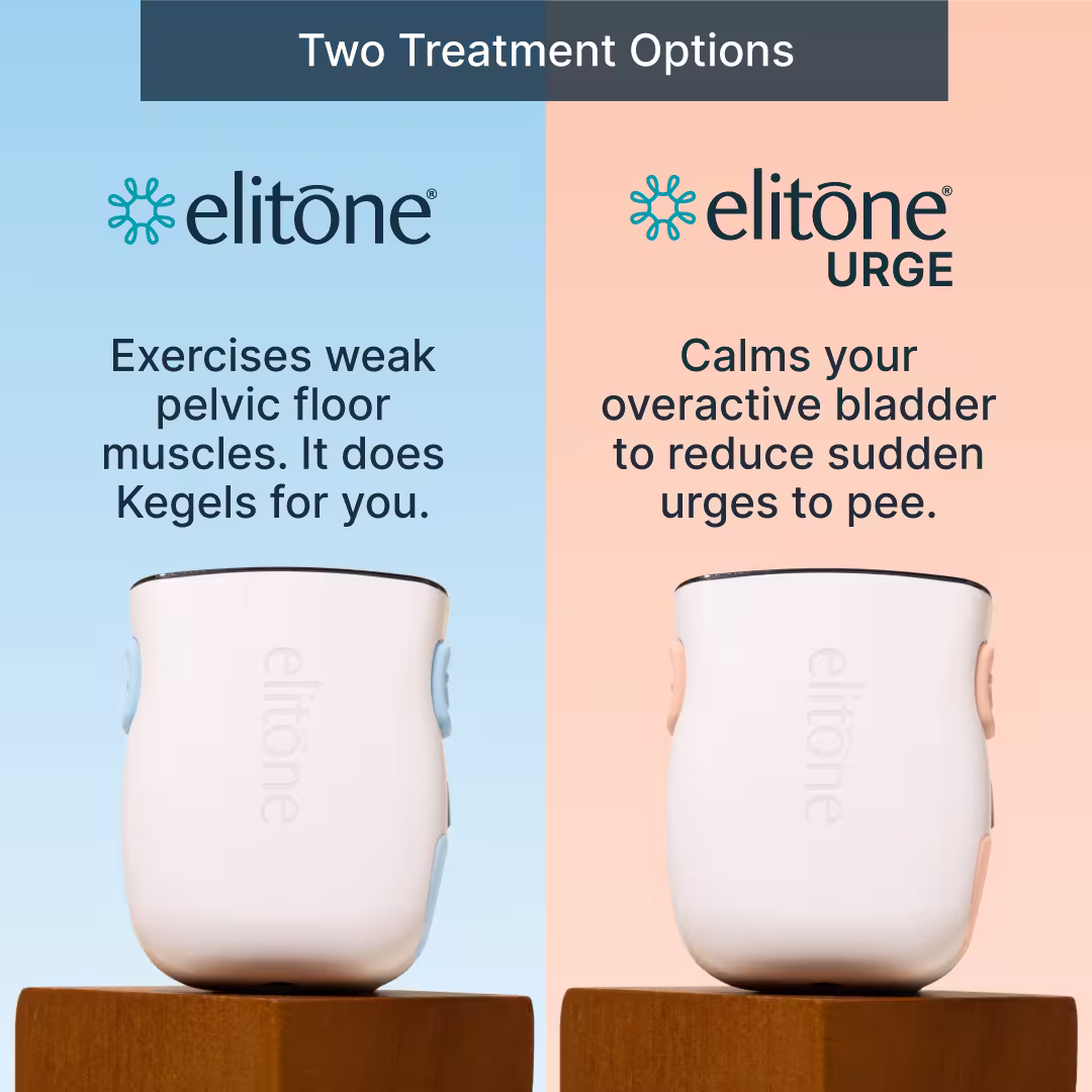 Two treatment options for women. elitone exercises weak pelvic floor muscles. I does Kegels for you. elitone URGE calms your overactive bladder OAB to reduce sudden urges to pee.