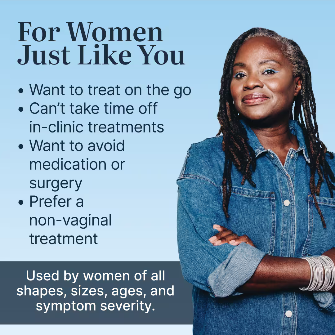 For women just like you - who want to treat on the go, can't take time off in -clinic treatments, want to avoid medication or surgery, prefer a non-vaginal treatment. used by women of all shapes, sizes, ages, and symptom severity.
