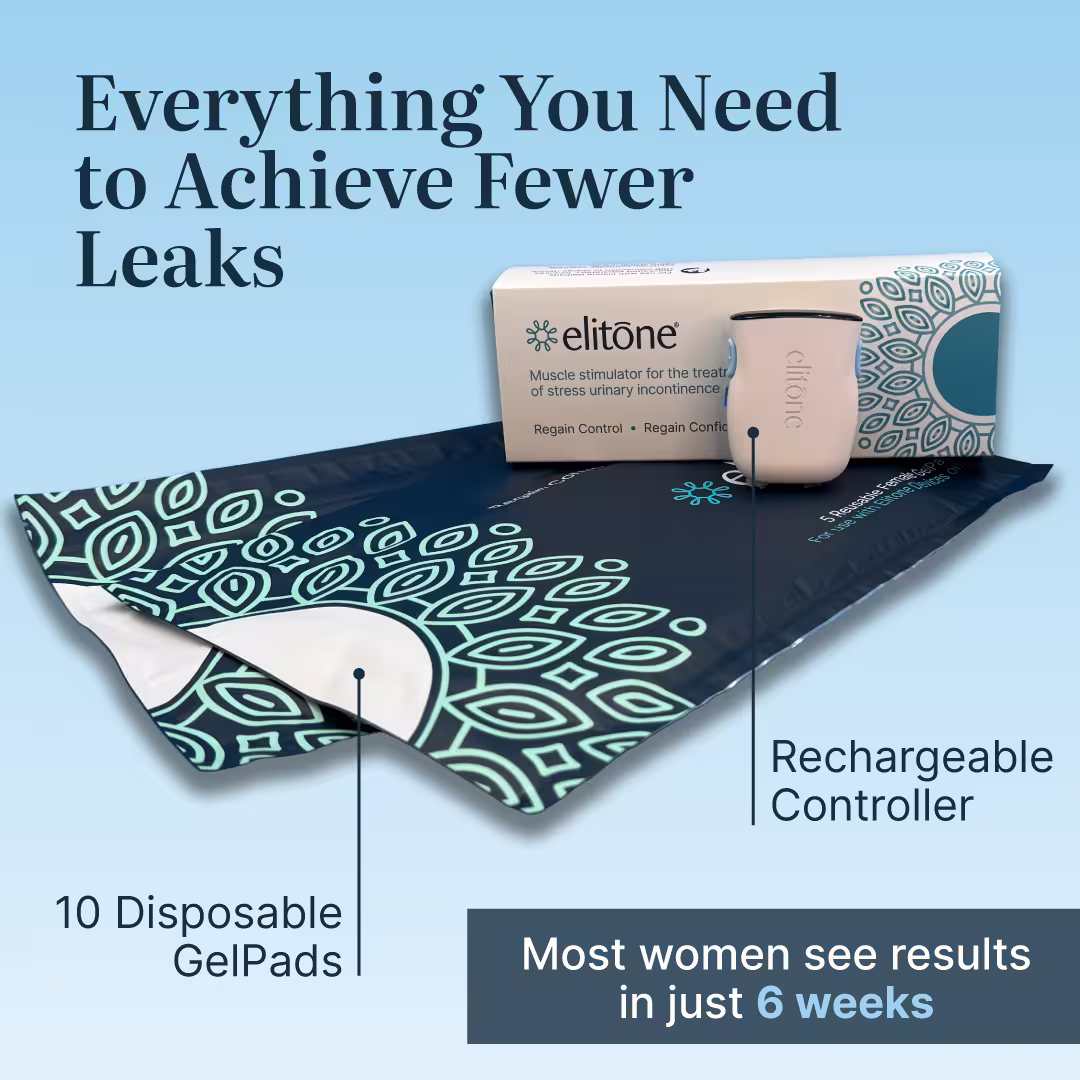 Elitone kit gives you everything you need to achieve fewer leaks. 10 disposable gelpads and the rechargeable controller. Most women see results in just 6 weeks.